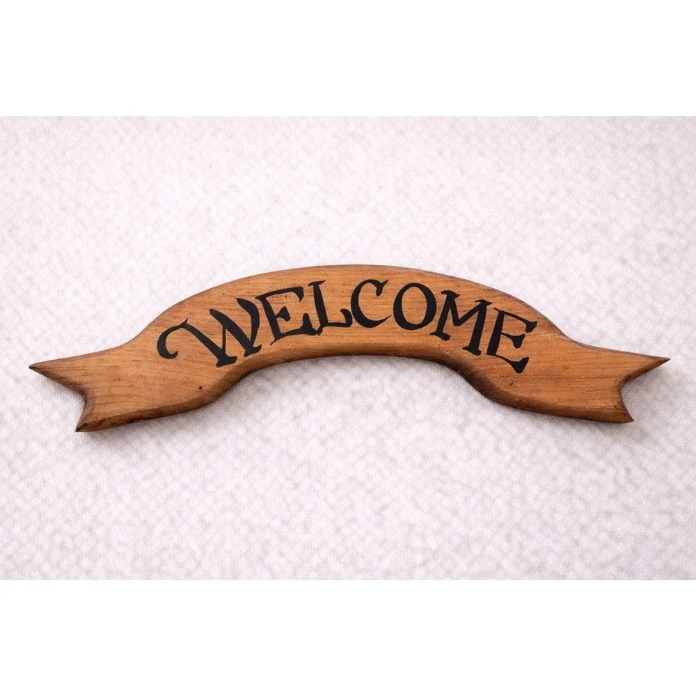 Rustic Wooden Welcome Sign Curved‎ Banner Ribbon Stenciled Wall Decor Brown Wood